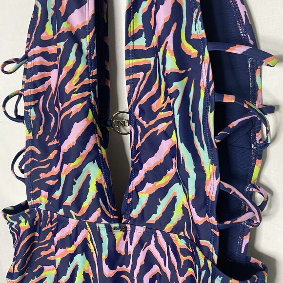 XOXO One Piece Swimsuit Strappy Sides Deep Keyhole Front Colorful Womens XL Blue - Picture 6 of 8